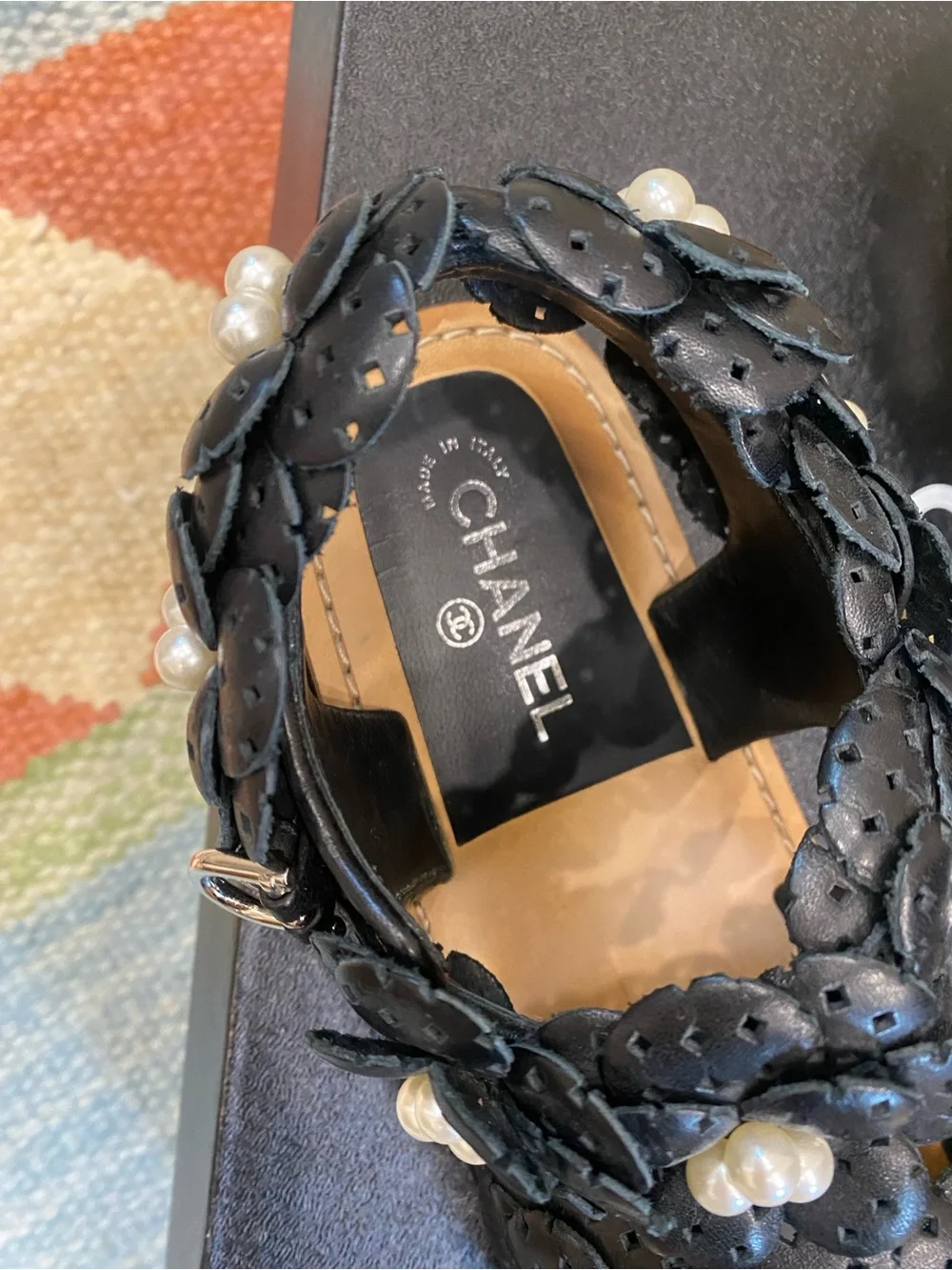 CHANEL G30545 Black Leather Pearl Camellia Sandals Size 37.5 / US 7.5 w/ Box